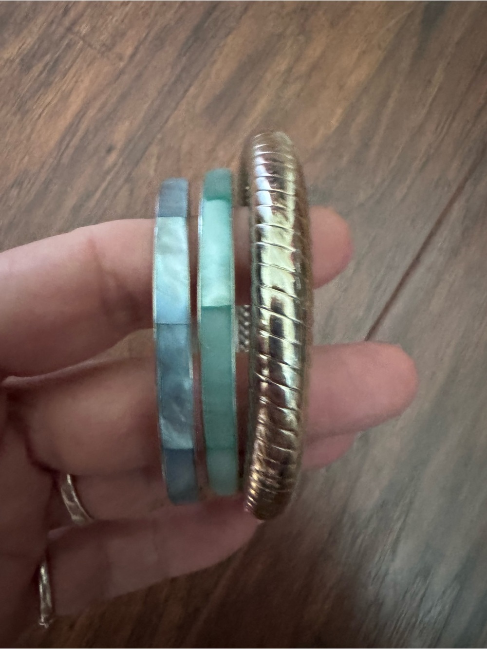 VINTAGE  Set of Blue-Green and Gold Tone Stackable Bracelets